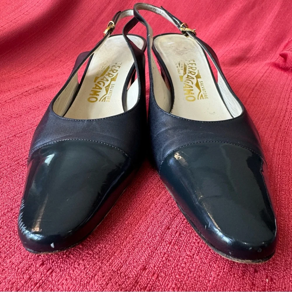 Salvatore Ferragamo Black Slingback Heels, Patent toe cap, VTG,‎ Size 7.5, GUC